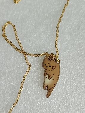 Hand Crafted Gold Tone Necklace with Brown Cat Charm